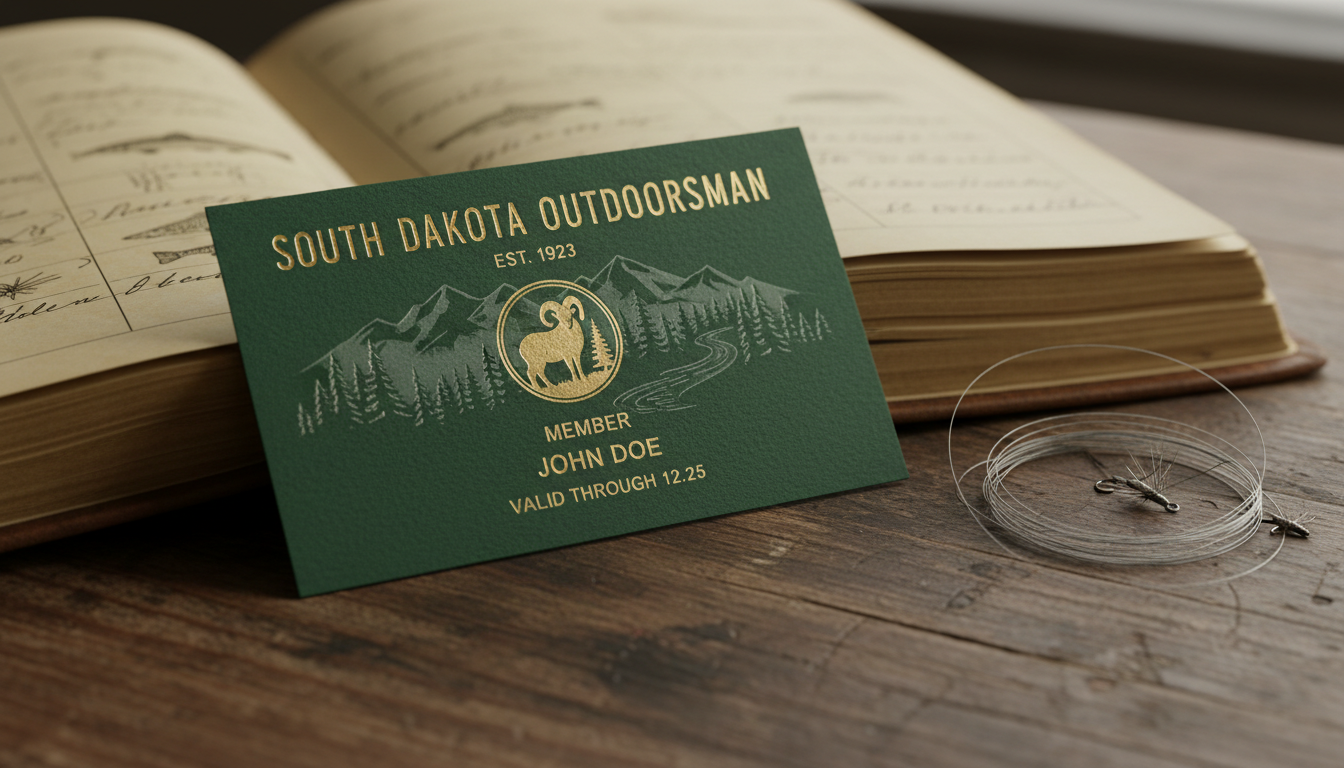 A close-up, sharply focused image of a handcrafted South Dakota outdoorsman membership card, featuring embossed gold lettering and a subtle outdoors landscape watermark on textured pine-green cardstock. The card lies atop a faded leather-bound field journal and a tangle of neatly coiled fishing line, arranged over an aged wooden workbench. Gentle overcast window light provides even illumination with soft, natural shadows, emphasizing tactile textures and creating a quiet, exclusive atmosphere. The composition is tightly framed for intimacy, exuding professionalism and exclusivity with a clean, realistic photographic style.